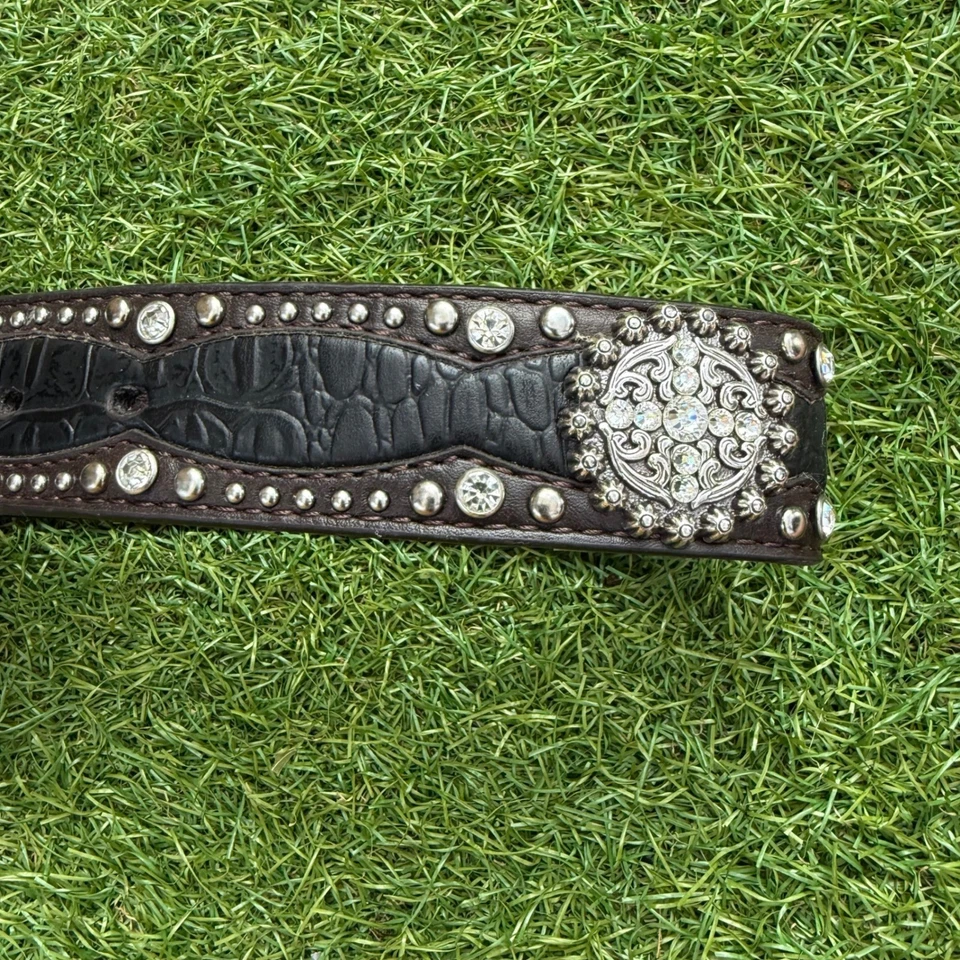 Cinturón occidental Ariat estrás marrón imitación cuero cocodrilo hebilla plateada bling rodeo Foto 3 de 4