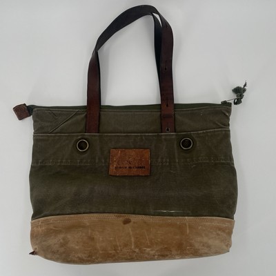 Atelier de L'Armee Green Canvas Brown Leather Tote Bag - Distressed