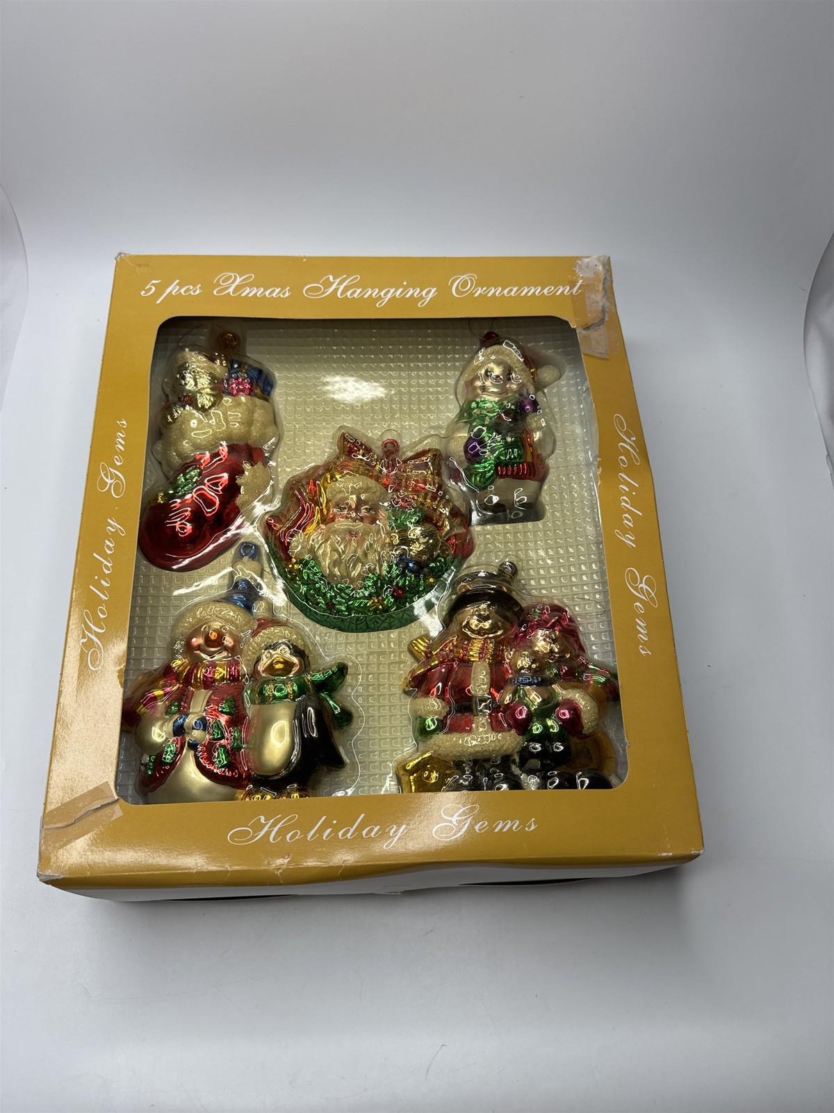 Holiday Gems Set 5 Christmas Ornaments Santa Snowman Blown Glass IN BOX Rare