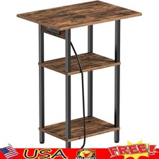 Slim Side Table W/ Charging Station USB Ports 3-Tier Storage Compact Nightstand