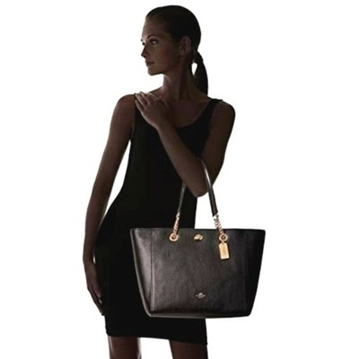 NWT COACH Turnlock Black Pebbled Leather Chain Tote Bag | eBay