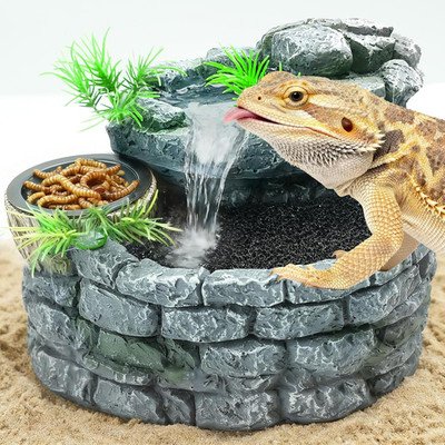 2 in 1 Reptile Water Fountain with Food Dish 550ML, Terrarium Reptile Waterfall