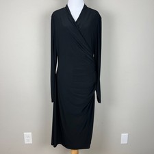 Lauren Ralph Lauren Dress Womens 14 Black Surplice Wrap Ruched Long Sleeve LBD