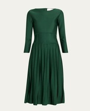 $2390 Carolina Herrera Corset-Waist Pleated Midi Dress Size: L green