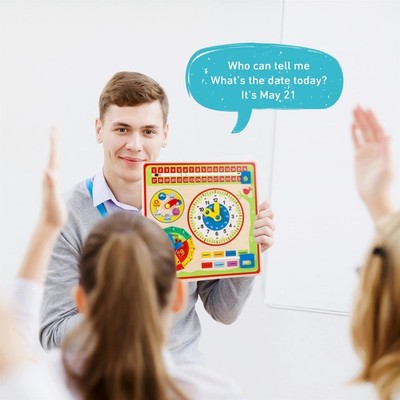 Holzkalender pädagogisch Kinder Wand 30x35x5cm interaktiv 5 Zifferblätter Natur Geschenk