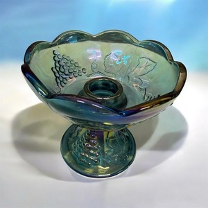 Vintage Indiana Iridescent Blue Harvest Grape Leaves Pattern Taper Candle Holder