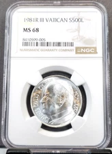 1981 VATICAN SILVER 500 LIRE POPE JOHN PAUL II NGC MS 68 SCARCE GEM BU TOP POP