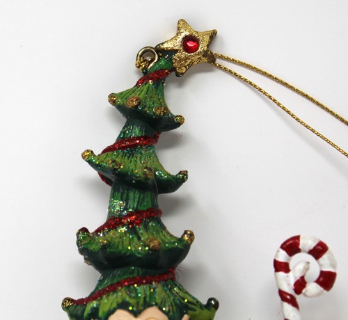 WHIMSICAL Christmas Ornament Elf Tree Costume Candy Cane 7" Tall Jeweled Resin - Picture 5 of 6