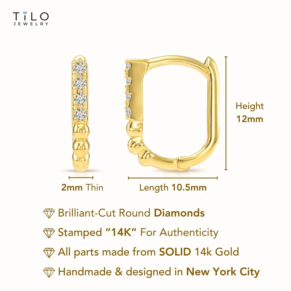 14K Real Solid Gold Dainty Pave Diamond Small Huggie Hoop Earrings Labgrown 12MM - Image 3 of 4