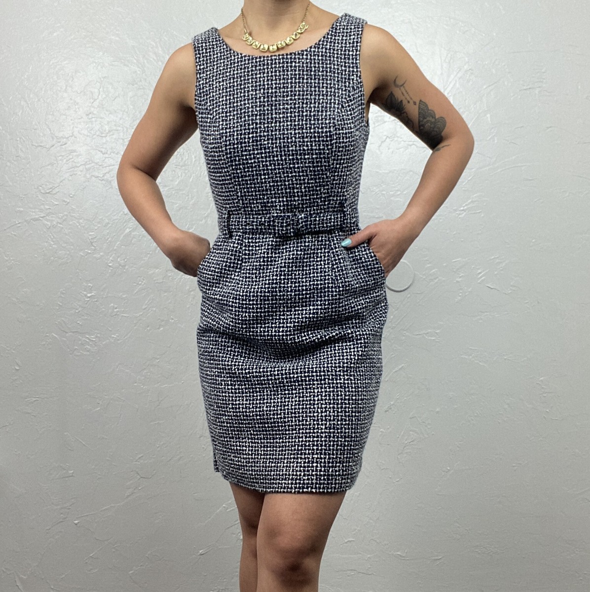 Banana Republic Tweed Navy Belted Sleeveless Sheath Dress 2P