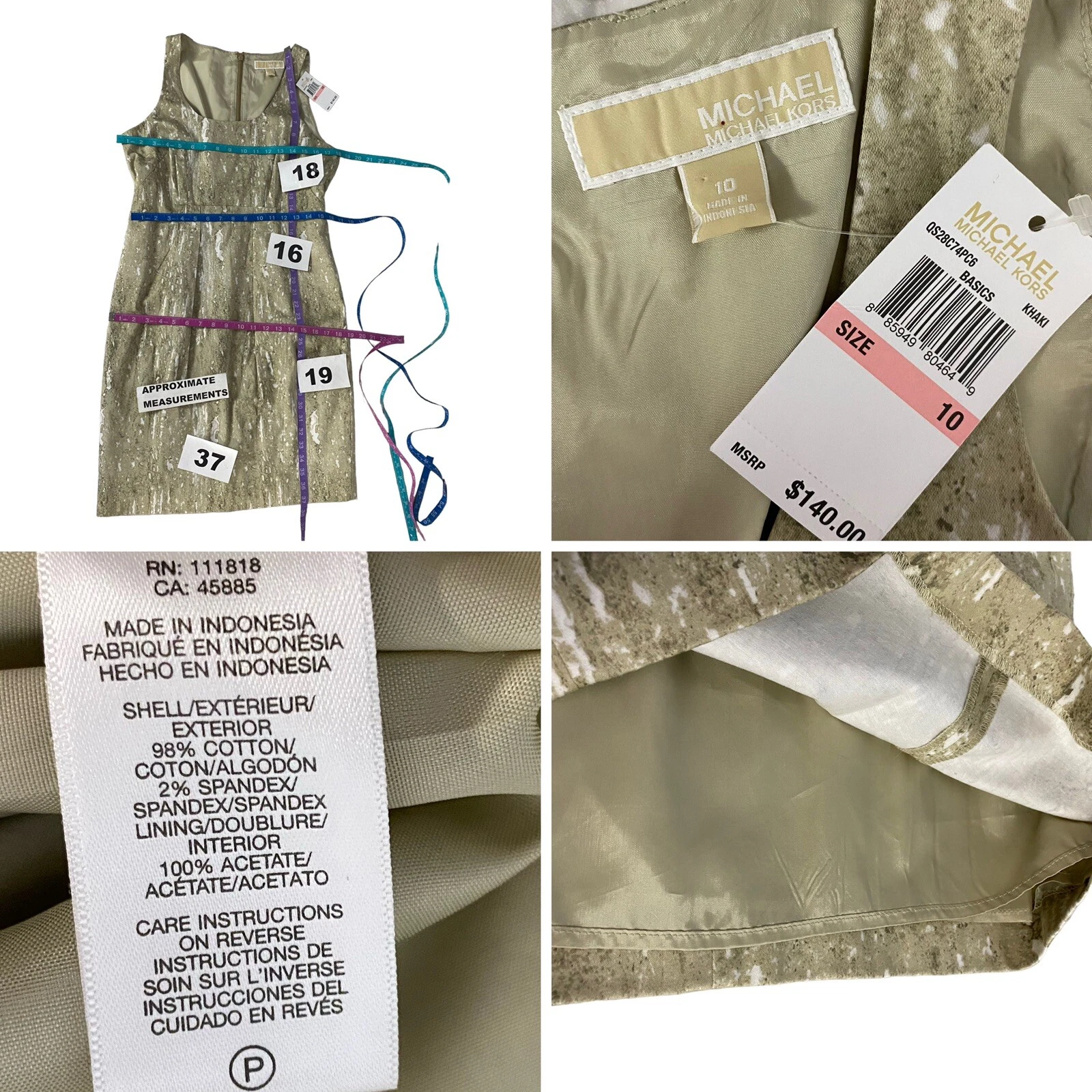 Abito Michael Kors donna taglia 10 tubino smanicato kaki lavoro ufficio festa