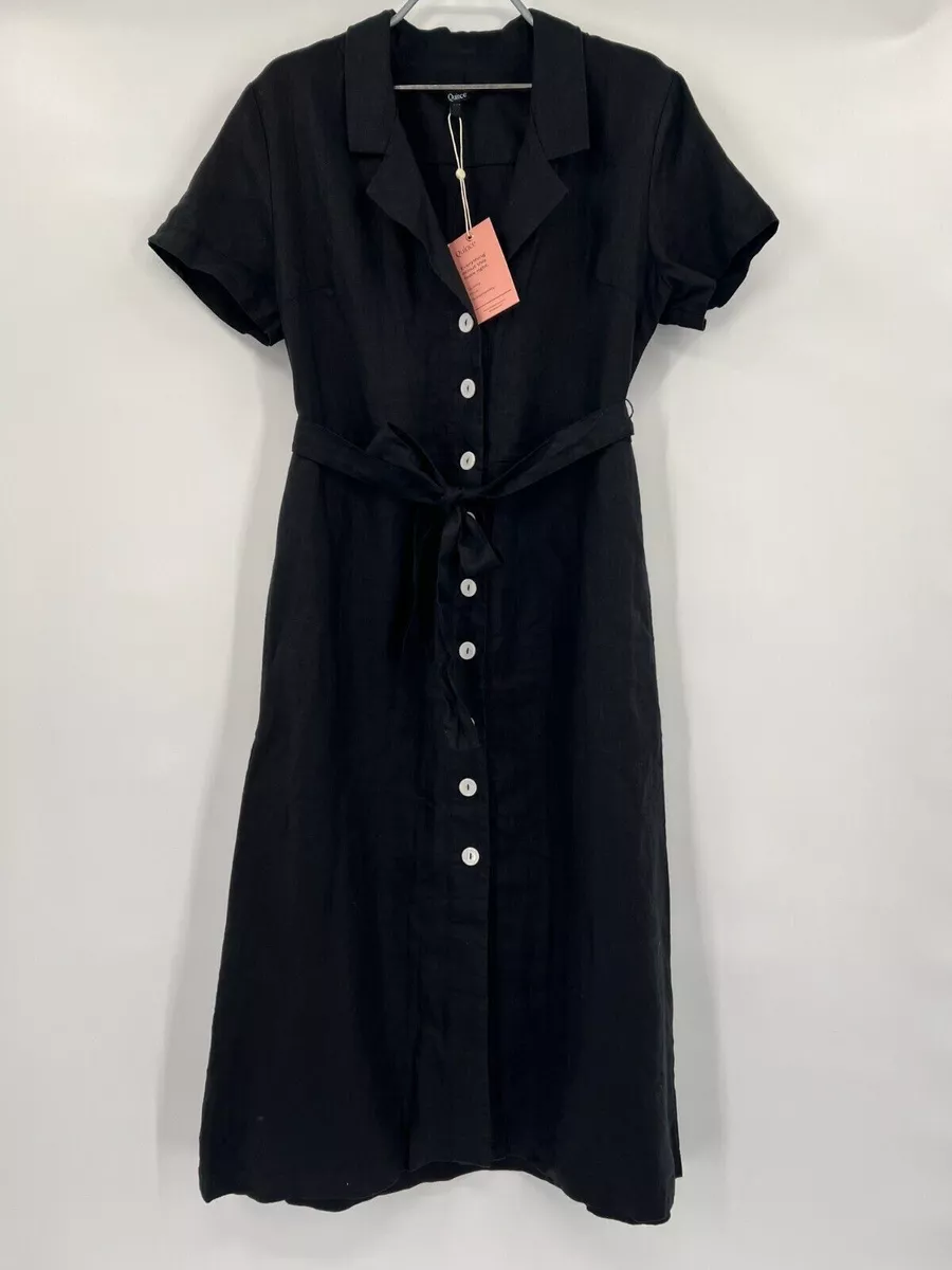 Quince Women's Black Linen Button Front Dress sz L Midi A-Line Belt Short  Sleeve