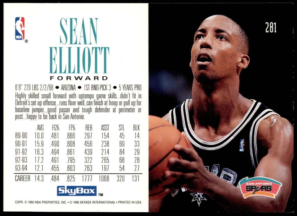 Sean Elliott #281 1994-95 SkyBox Premium - Image 2 of 2