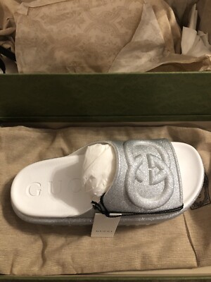 New GUCCI Interlocking G Platform Slides Silver Glitter Sandals Women US 7