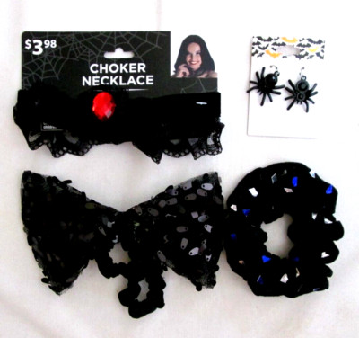 4/pcs HALLOWEEN Necklace/ Earrings/ Hair tie/ Hair Bow-Spider, Glitter, Lace