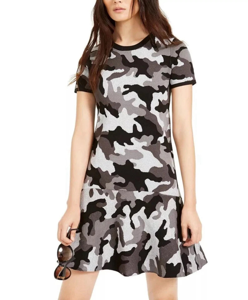 Michael Kors MK 女式 Grand Camo Crew 短袖连衣裙 M 码黑色灰色针织 — 第 3/4 张图片