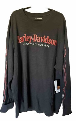 NWT Harley Davidson Men's Black Flames Long Sleeve T-Shirt Black