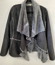 Lovestitch Womens Jacket Coat Black Waist Length Open Faux Fur Lined Collar Soft