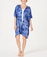 Jenni Sz One Size Printed Tie Dye Short Sleeve Open Front Beach Wrap Robe Blue
