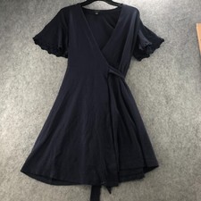 Ann Taylor Dress Womens Size 4 Swing Navy Blue Wrap Belted Eyelet Trimmed Sleeve