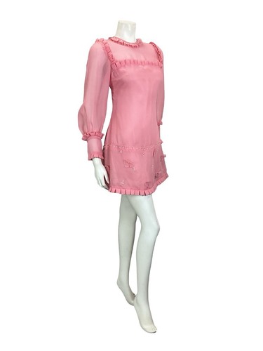 VTG 60S MOD PINK MESH RUFFLE CLEAR BEADED FLOWER BISHOP SLEEVE SHIFT DRESS 8 - Picture 11 of 13