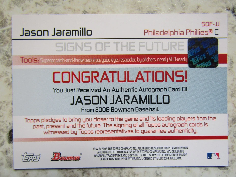 Phillies Jason Jaramillo Signed Autographed 2008 Bowman Signs Of The Future Mint - Image 2 of 2