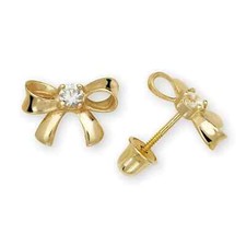 14K Solid Gold Dainty 8x6mm Bow Minimal CZ Studs Screw Back Earrings Girls Studs