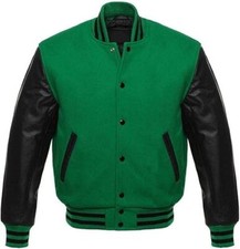 Varsity Letterman Baseball Jacket with Wool and Genuine Black Leather Sleeves