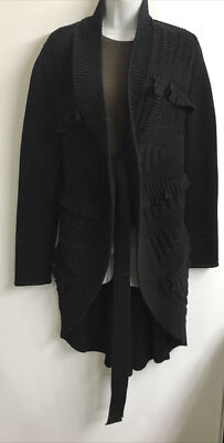 Valentino Cardigan Sweater Long Black Ruffle Chunky Knit Long Sleeve Wool Size S