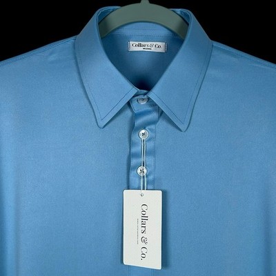 Collars & Co Polo Shirt Mens M French Blue Dress Collar Point Preppy Stretch NWT