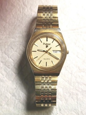 80s Pulsar By SEIKO Men's Goldtone Quartz Day Date Large P Y113-6039 New Battery