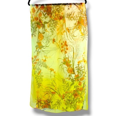 Large Yellow Scarf Floral Silk Feeling Polyester Sheer Wrapable 68'' × 20''