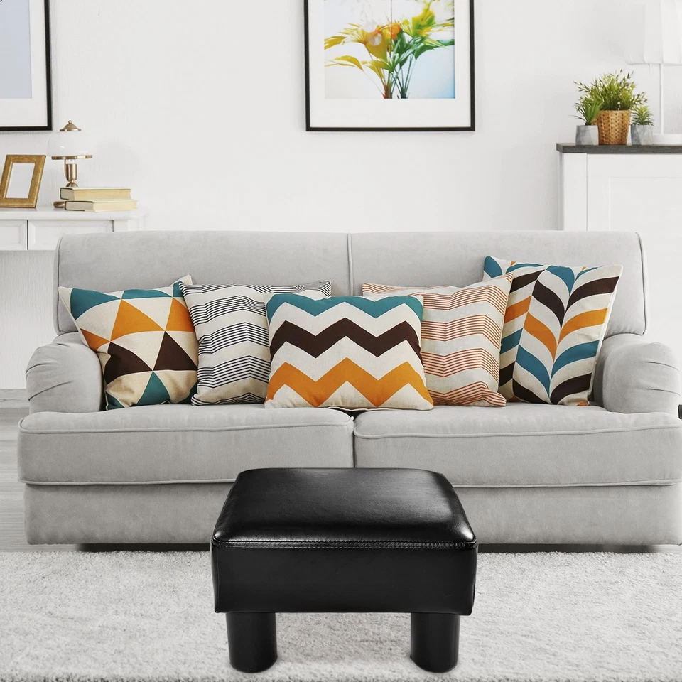 PU Leather Ottoman Rectangular Footrest Small Stool w/ Padded Seat Black - Image 4 of 4