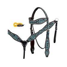 Western Horse Turquoise Headstall Breast Collar Silver Studded Set Tack Leather