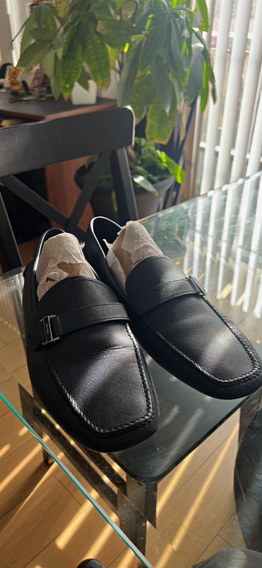 Prada Men’s 13 Navy Blue Leather Slip-On Monk Strap Dress Shoes Logo Buckle