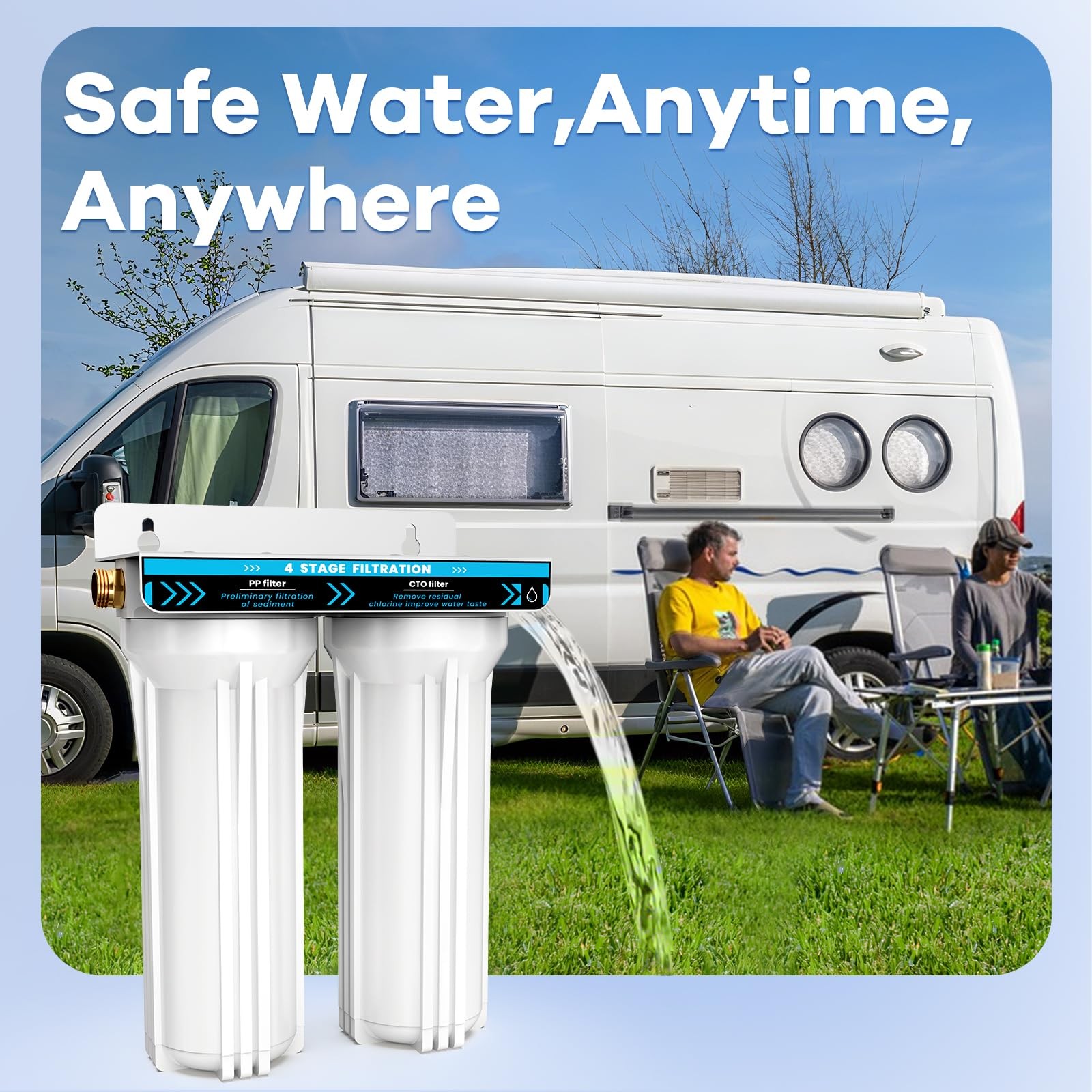 RV Dual Water Filter System, 4-Layer 2 Stage RV Water Filtration System, Remo...