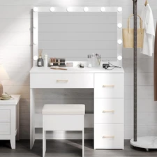 White Vanity Makeup Desk Dressing Table w/ Adjustable 12 LED Light, Power Outlet