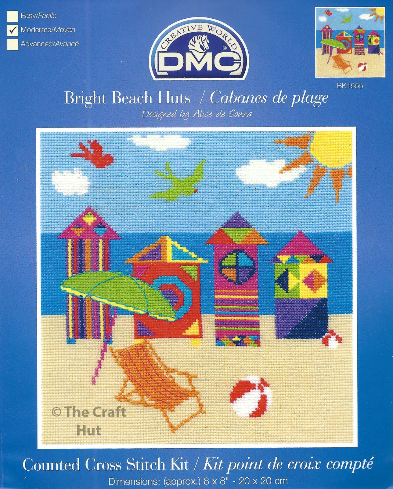 DMC Counted Cross Stitch Kit Seaside Bright Beach Huts 8"" x 8"" BK1555 New