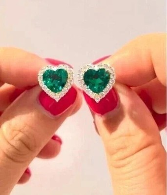 2Ct Heart Lab-Created Green Emerald Halo Stud Earring 14K Yellow Gold Plated