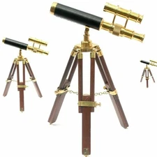 Brass Double Barrel Vintage Style Collectible Telescope W/Wooden Tripod Stand
