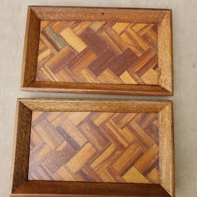 Pair Of Wooden Teak Tray Vintage MCM  Parquet  Herringbone Stacking 6X9.5'' Snack