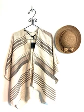 Marc New York Andrew Marc Poncho Wrap Shawl Cape Cream Ivory Stripe Tan Brown OS