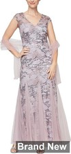 Alex Evenings Long V Neck Fit and Flare Evening Dress With Shawl, Wisteria, 14