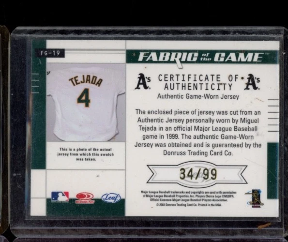 2003 DONRUSS LEAF CERTIFIED MIGUEL TEJADA FABRIC OF THE GAME JERSEY CARD 34/99 - Image 2 of 2