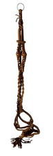 Vintage 70s MCM Jute Rope Woven Macrame Plant Holder 70" Retro Boho Wood Beads