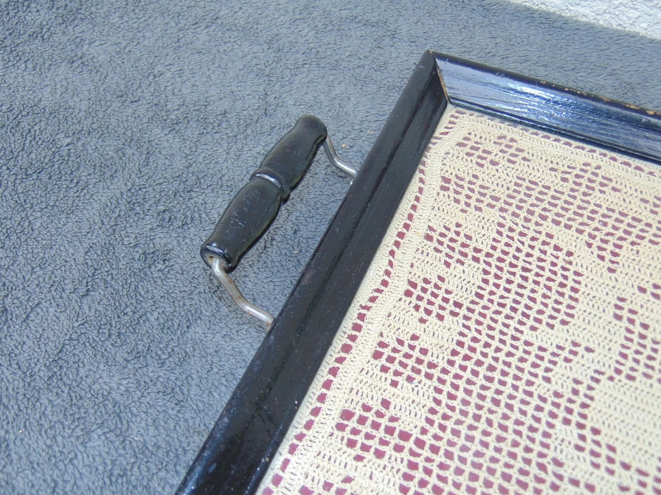 Vintage Serving Tray Black Hand Made Crochet Knit Lace Decorative Props Steam LA - Image 4 of 4