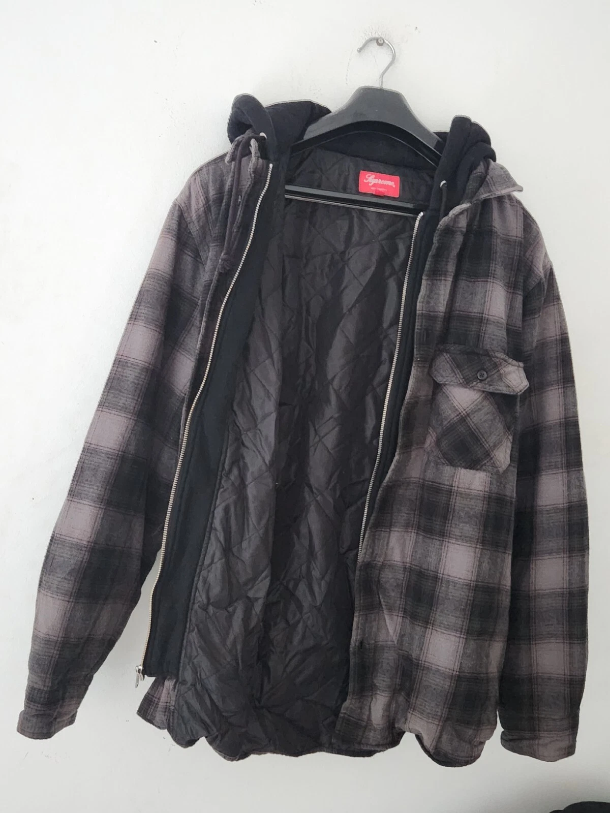 FW21 Supreme Chemise à Capuche Flanelle Zip Up matelassée Grande Veste Noire Brodée
