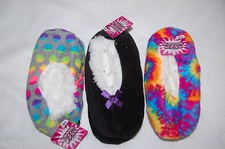 Girls 3 PR LOT SOCKS SLIPPERS Sherpa Lined TIE DYE Black GRAY NEON DOT Fuzzy S-M