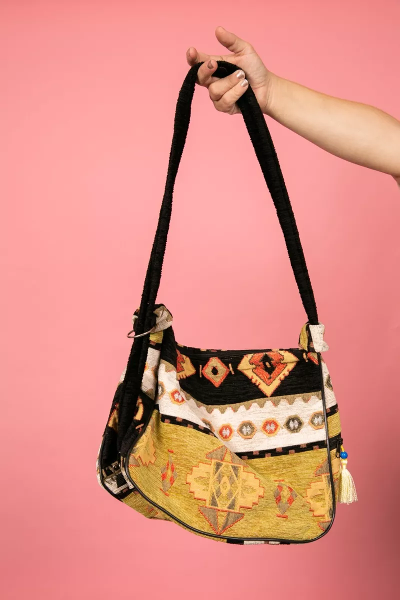 Vintage Black Green Aztec Embroidered Shoulder Bag Carpet Style Bag