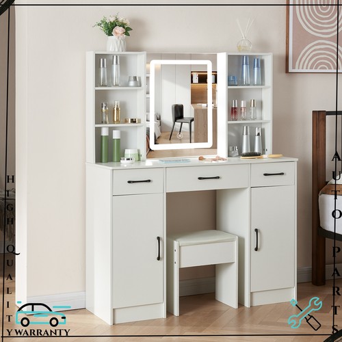 White Dressing Table Stool Vanity Set W/ LED Lighted Mirror Bedroom Dresser Wood - Picture 3 of 12